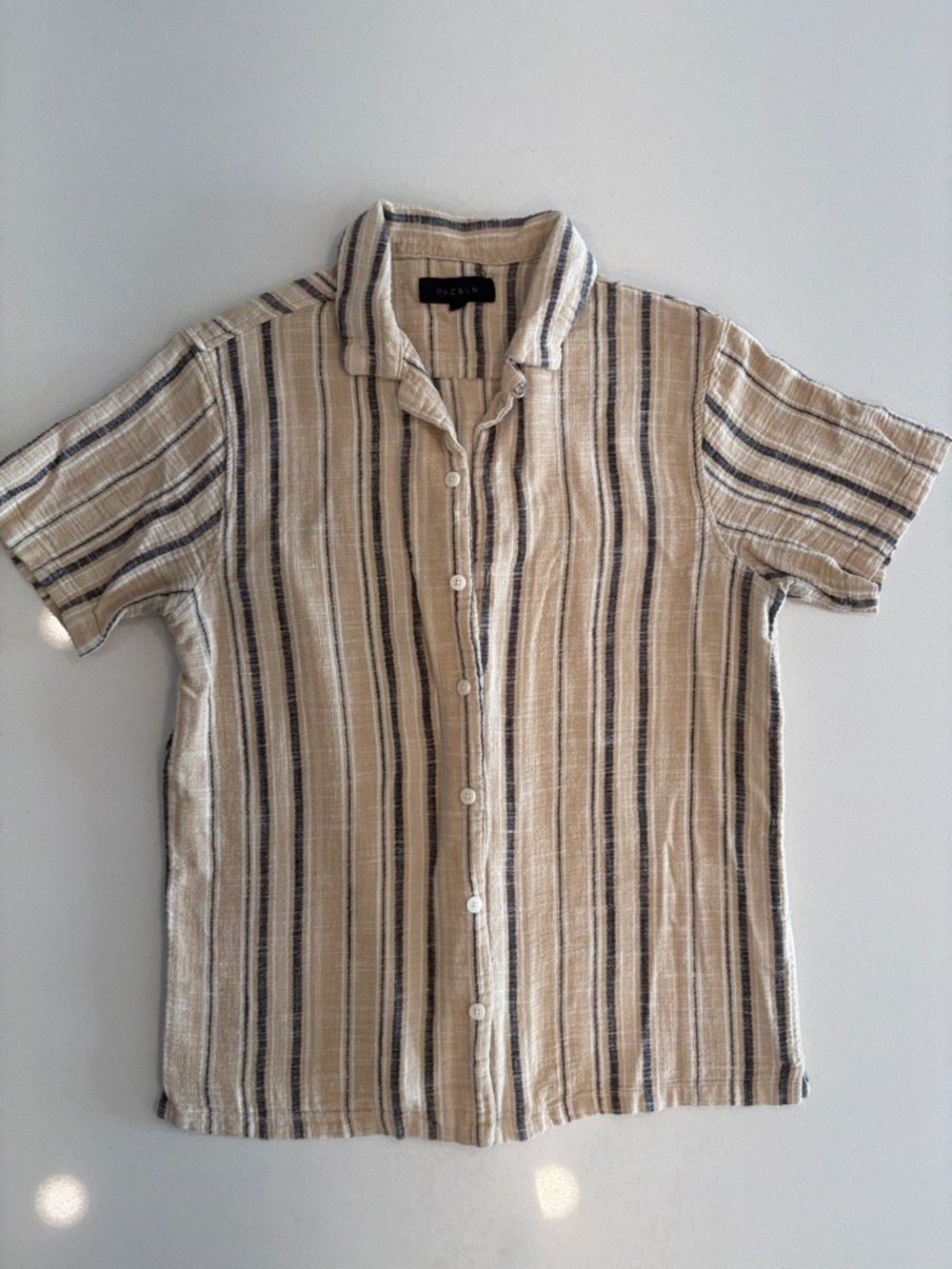 PacSun Beige and Black Vertical Stripe Short-Sleeve Button-Up Shirt